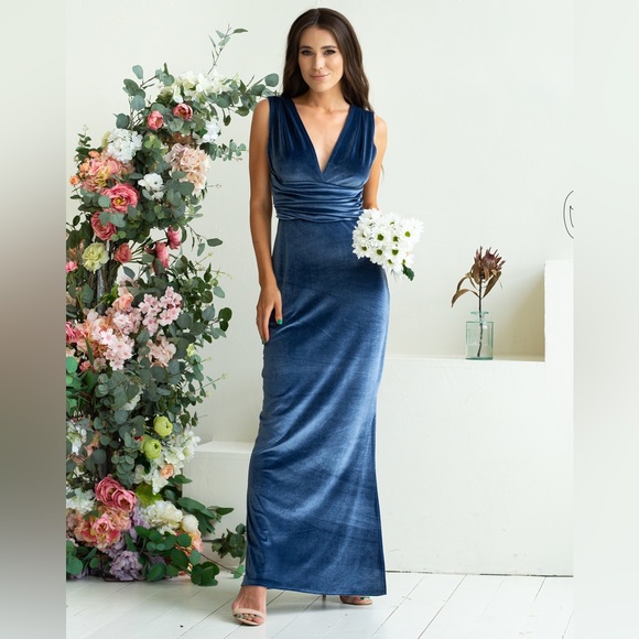 ❗️NEW❗️Wine Vneck Formal Sleeveless Royal Velvet Evening Dress - Picture 8 of 10